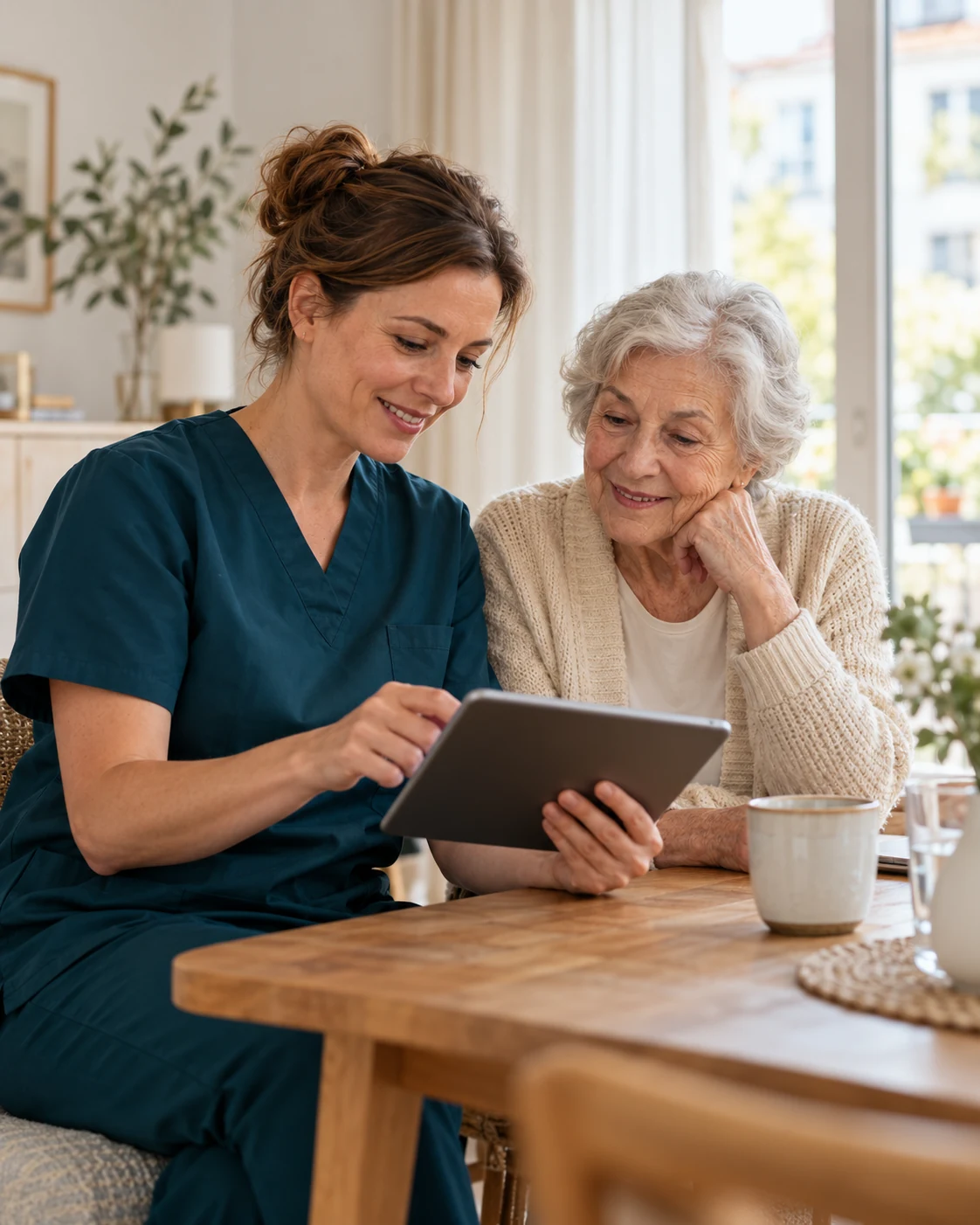 Illustrative Betreuungssituation: Eine Pflegekraft und eine ältere Frau schauen gemeinsam auf ein Tablet.